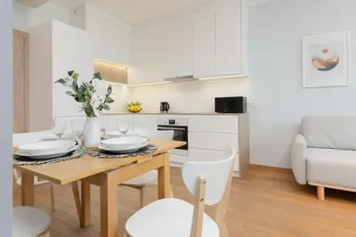 Kuchnia lub aneks kuchenny w obiekcie Cozy & Sunny Studio for 4 Guests Kolejowa Warsaw by Noclegi Renters