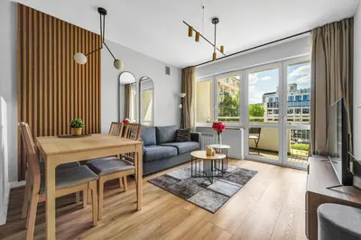Część wypoczynkowa w obiekcie Powiśle Business Apartments - Balcony, Workspace - by Rentujemy