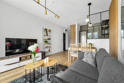 Część wypoczynkowa w obiekcie Powiśle Business Apartments - Balcony, Workspace - by Rentujemy