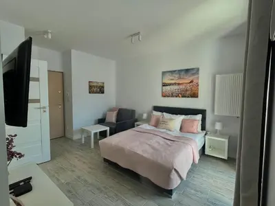 Telewizja i/lub zestaw kina domowego w obiekcie Studio Apartment Raspberry by Galeria Północna