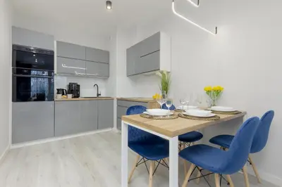 Kuchnia lub aneks kuchenny w obiekcie Dark Blue and Grey Apartment with Pastel Bedroom in Warsaw by Noclegi Renters