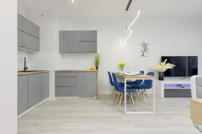 Kuchnia lub aneks kuchenny w obiekcie Dark Blue and Grey Apartment with Pastel Bedroom in Warsaw by Noclegi Renters