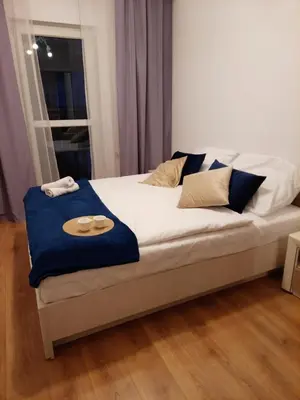 Łóżko lub łóżka w pokoju w obiekcie Airport Bakalarska apartment
