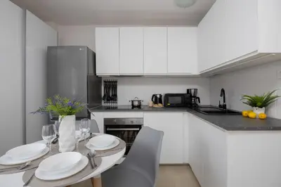 Kuchnia lub aneks kuchenny w obiekcie Central Warsaw Apartments near the Palace of Culture and Science by Noclegi Renters