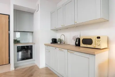 Kuchnia lub aneks kuchenny w obiekcie Rosette Apartment with AC and Balcony Wiktoryn
