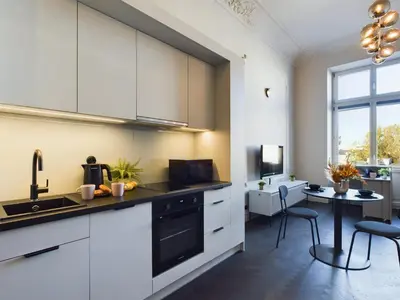 Kuchnia lub aneks kuchenny w obiekcie Wyjątkowy Apartament z Widokiem na Pałac Kultury by Noclegi Renters