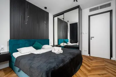 Łóżko lub łóżka w pokoju w obiekcie Kasprzaka 29 Wola Tower I Premium Apart I z Garażem By Perfect Apart 817