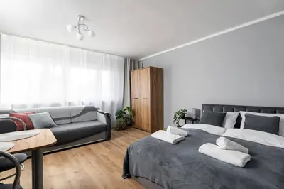 Łóżko lub łóżka w pokoju w obiekcie Onyx Studio Deluxe Zoliborz