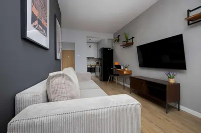 Telewizja i/lub zestaw kina domowego w obiekcie Unique Bright Studio for 4 People Remote Work & Balcony Close to PGE by Noclegi Renters