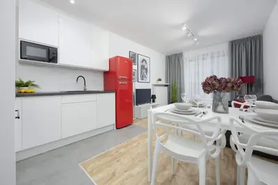 Kuchnia lub aneks kuchenny w obiekcie Modern Apartment in Warsaw with Garden and Parking by Noclegi Renters