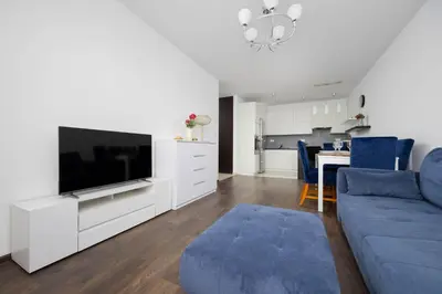 Telewizja i/lub zestaw kina domowego w obiekcie Spacious Apartment in Warsaw with Balcony by Noclegi Renters