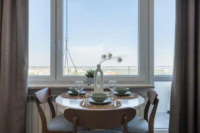 Plan piętra w obiekcie Tamka Center Residence z widokiem na Warszawę