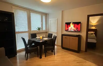 Telewizja i/lub zestaw kina domowego w obiekcie Metro & Old Town Praga Apartment Wiosenna