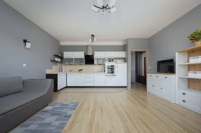 Kuchnia lub aneks kuchenny w obiekcie Grey Apartment in Warsaw with City View and Balcony by Noclegi Renters