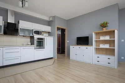 Kuchnia lub aneks kuchenny w obiekcie Grey Apartment in Warsaw with City View and Balcony by Noclegi Renters