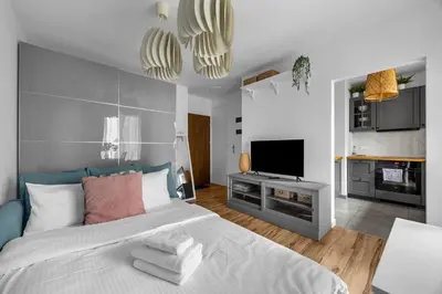Telewizja i/lub zestaw kina domowego w obiekcie Podskarbińska Modern Space Studio by BookingHost
