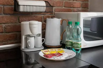 Zestaw do parzenia kawy i herbaty w obiekcie Elbląska Deluxe Apartment by BookingHost
