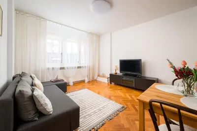 Telewizja i/lub zestaw kina domowego w obiekcie Twarda Downtown Apartment by BookingHost
