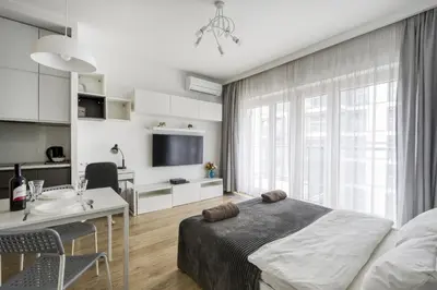 Telewizja i/lub zestaw kina domowego w obiekcie Klimatyzowane Apartamenty Studio Mennica Residence