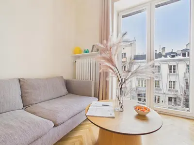 Część wypoczynkowa w obiekcie Dąbrowskiego Stylish Stay Warsaw by Solarento