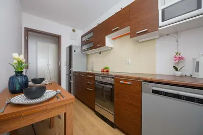 Kuchnia lub aneks kuchenny w obiekcie Bright Studio Górczewska in Warszawa with Air Conditioning and Parking by Noclegi Renters