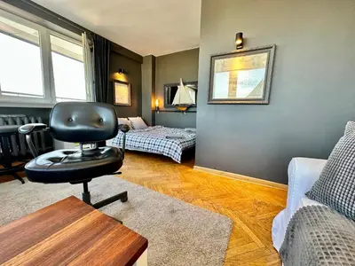 Część wypoczynkowa w obiekcie Super Apartament GREY Centrum 2x Metro Fast WiFi 300 Mbs Netflix AppleTV SmartTV Spotify Panorama Miasta