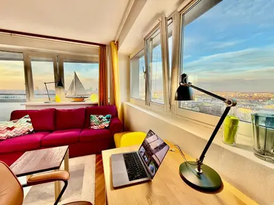 Część wypoczynkowa w obiekcie Super Apartment YELLOW 2x Metro fast Wifi 1 Gbs Netflix Panorama Miasta