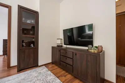 Telewizja i/lub zestaw kina domowego w obiekcie Ogrodowa Warm Wood Apartment by BookingHost
