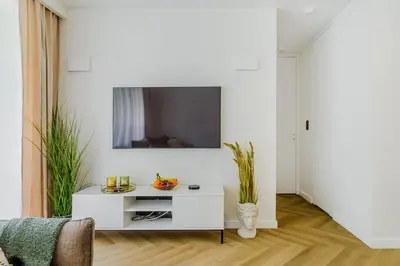 Telewizja i/lub zestaw kina domowego w obiekcie Lumina lux apart with a balcony near Palace of Culture and Science