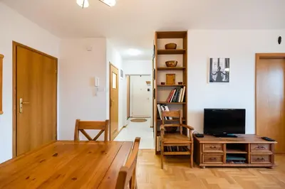 Telewizja i/lub zestaw kina domowego w obiekcie Woronicza Homey Wooden Apartment by BookingHost