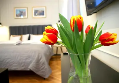 Łóżko lub łóżka w pokoju w obiekcie Falcon Apartment Center 1 Warszawa Centralna