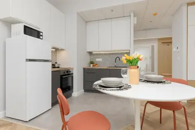 Kuchnia lub aneks kuchenny w obiekcie Business Apartments Kasprzaka by Noclegi Renters